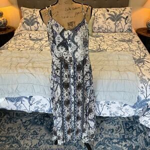 Jasse blue white Halter Maxi Dress Open Tie Bohemian Festival Cottagecore XL
